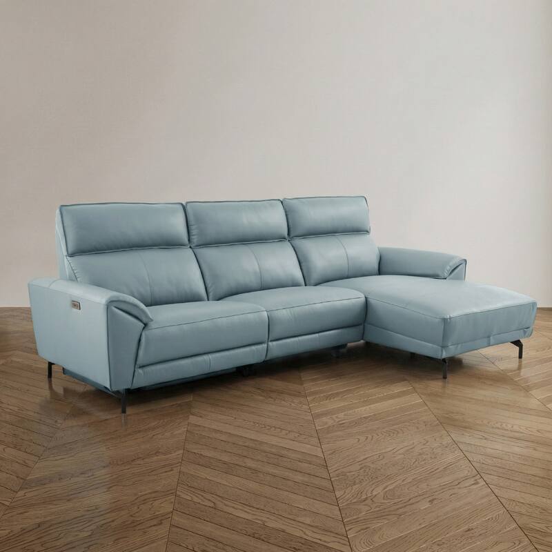 Furniture of America Fynae Modern Leather L-Shaped Sectional Recliner with Chaise and USB Ports - Pale Blue - Right Facing