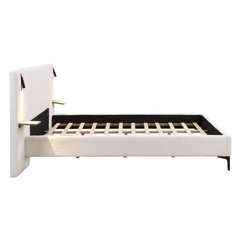 Chic Bouclé Upholstered Bed with Integrated Lighting and Shelves