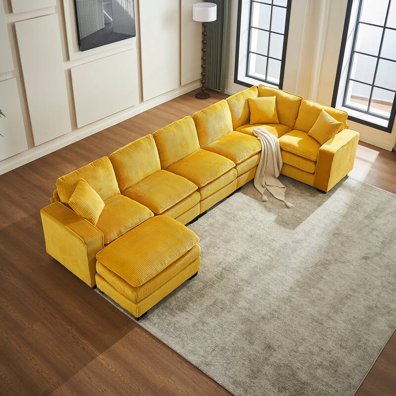 Modern U Shaped 6-seat Sectional Corduroy Sofa Couch with one Ottoman and three toss pillows ,Modular Sofa for Living Room