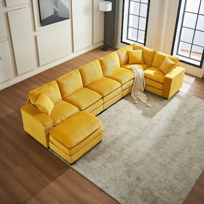 Modern U Shaped 6-seat Sectional Corduroy Sofa Couch with one Ottoman and three toss pillows ,Modular Sofa for Living Room