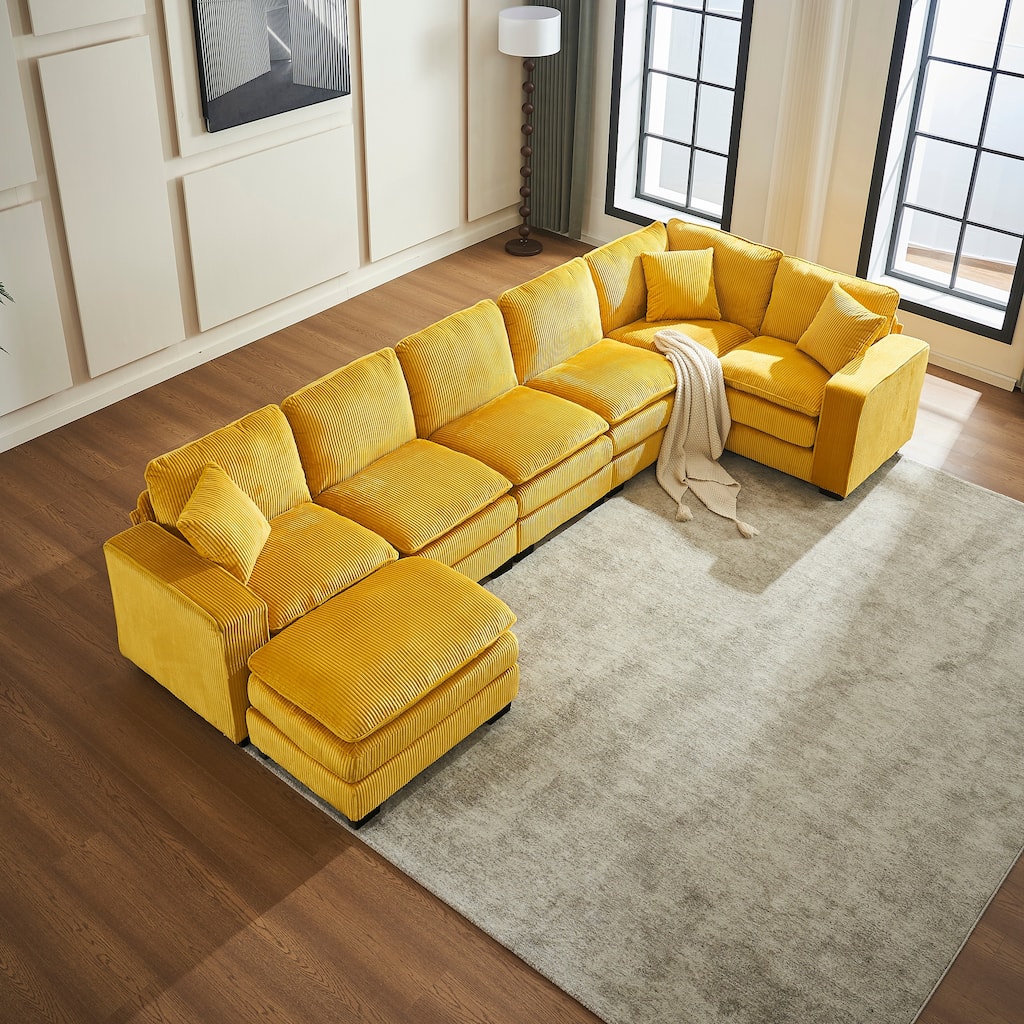 Modern U Shaped 6-seat Sectional Corduroy Sofa Couch with one Ottoman and three toss pillows ,Modular Sofa for Living Room