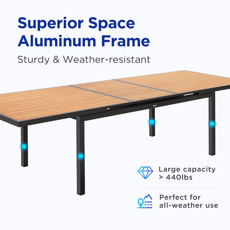 HIGOLD Teak Aluminum 1-Piece Extendable Patio Dining Table, Outdoor Furniture for 8