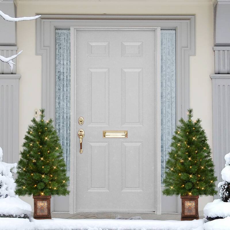 Puleo International Set of 2 Artificial Battery-Operated Pre-Lit Potted Christmas Trees