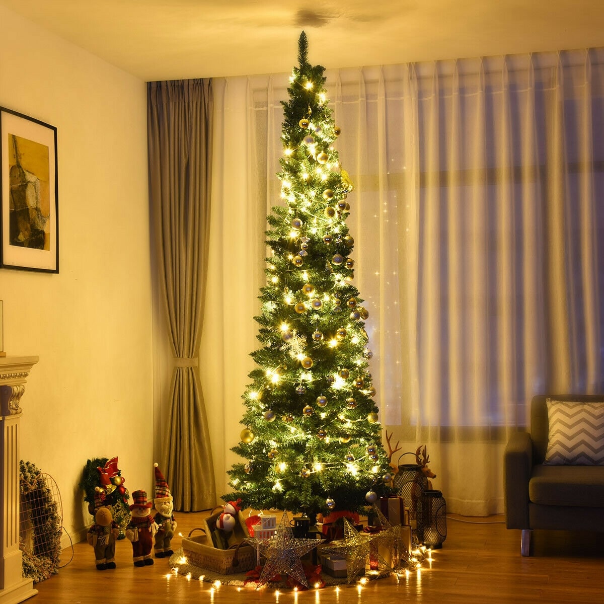 Gymax 8Ft PVC Artificial Pencil Christmas Tree Slim w/ Stand Home - See Details