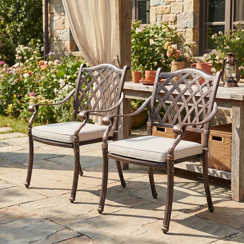 Outdoor Dining Chairs Bronze Cast Aluminum French European Inspired Design with Cushion Set of 2