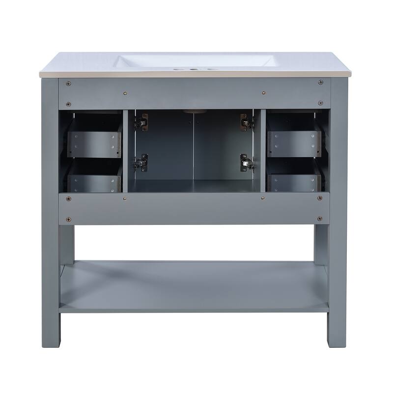 Single Sink Bathroom Vanity Storage Cabinet with 2 Soft Closing Doors, 6 Drawers, Open Shelf and Silver Metal Handles