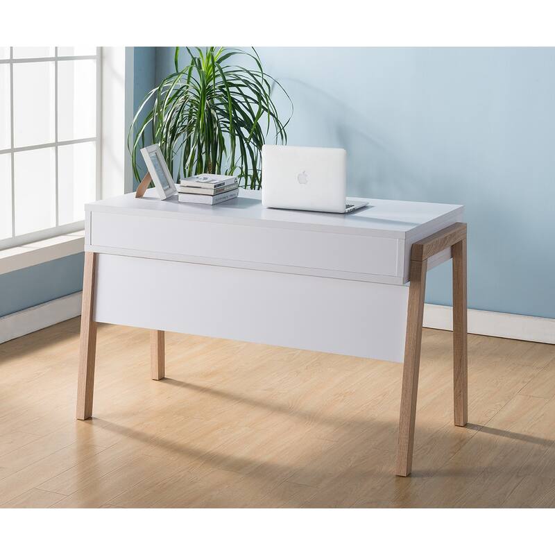 Office Desk, Computer Desk with Hidden Storage Shelve, Drawer and USB/Power Outlet in White and Weathered White - White