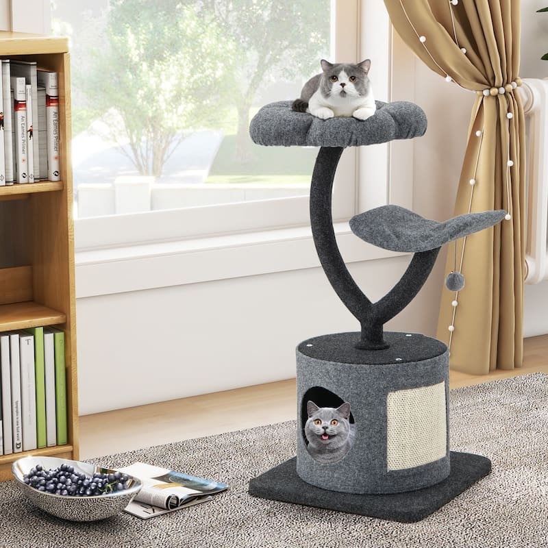 Cat Tree for Indoor Cats with Curved Metal Supporting Frame for Large & Small Cats-Grey - 17.5" x 17.5" x 35"