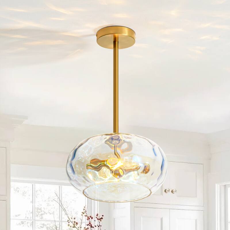 11.8" 2-Light Luxury Gold Semi-Flush Mount Ceiling Light with Hammered Glass Shade for Hallway, Bedroom