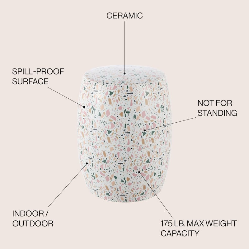 Lula 17.5" Terrazzo Ceramic Garden Stool, White/Pink, by JONATHAN Y