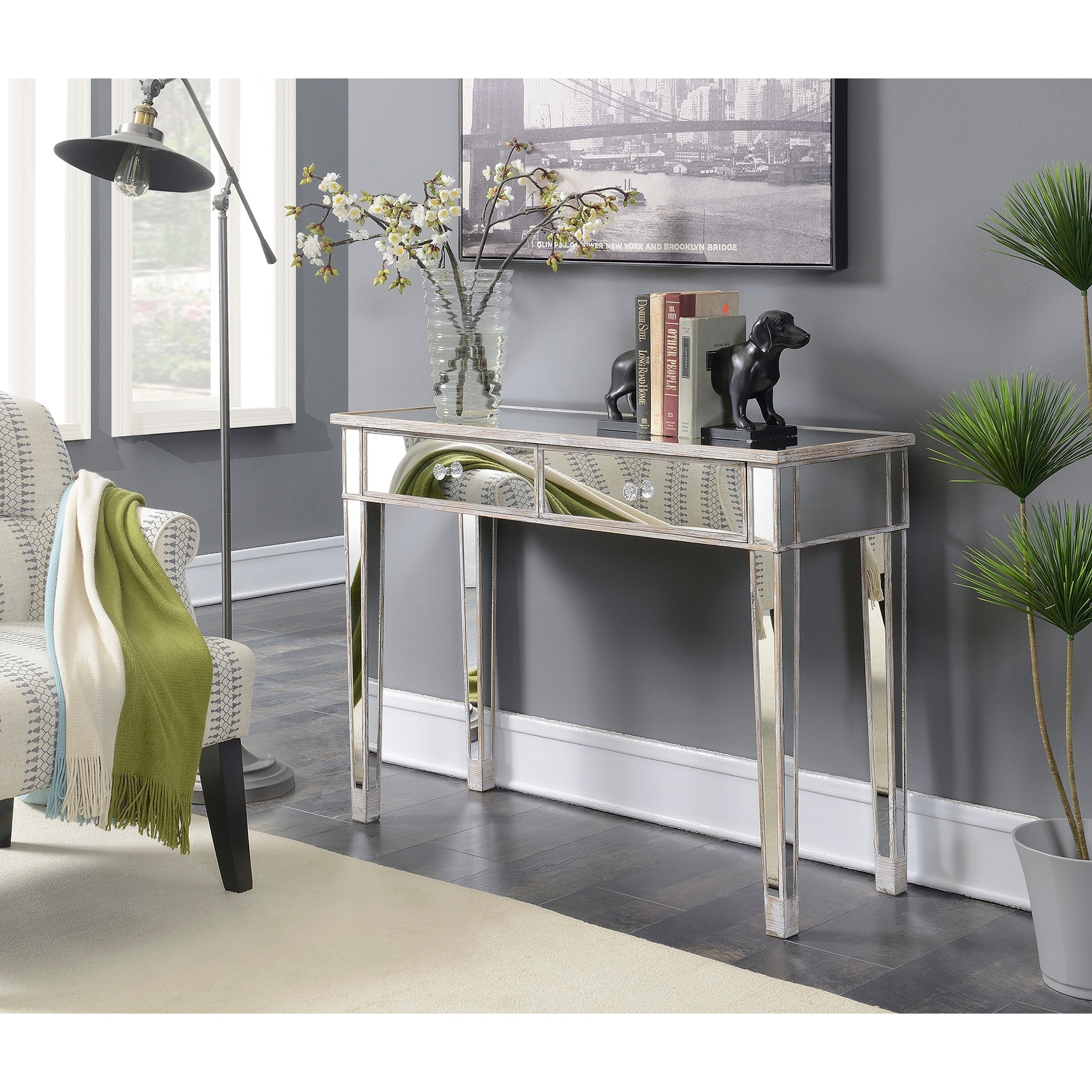 Convenience Concepts Gold Coast Mirrored 2 Drawer Desk Console