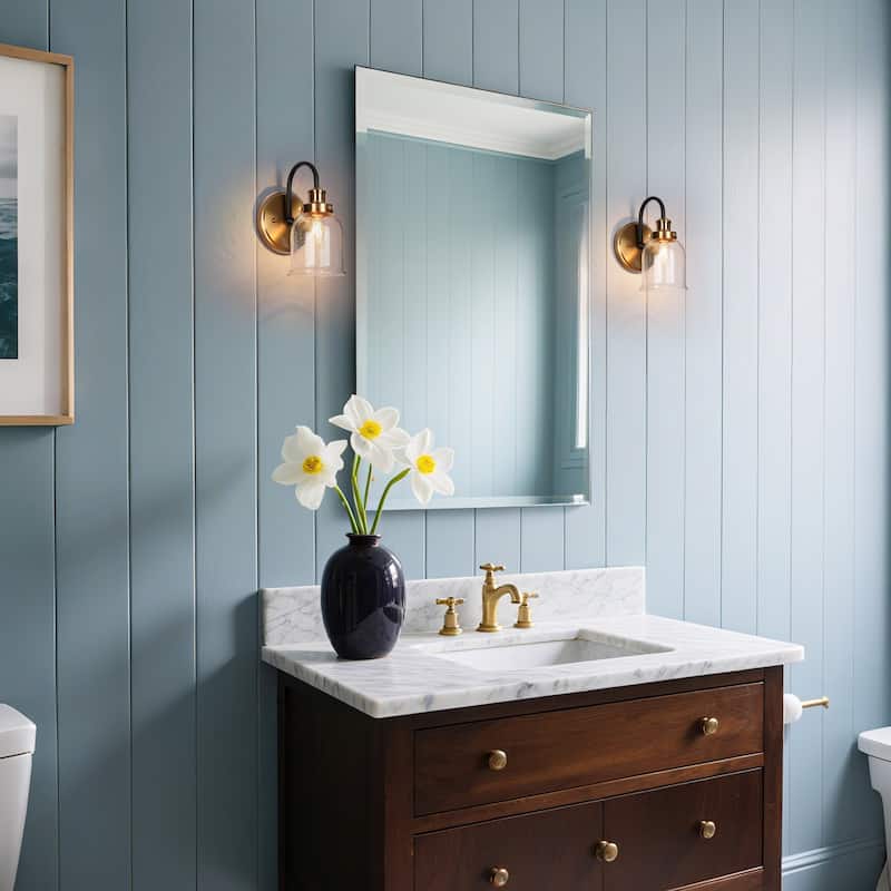 Modern 1-Light Black Gold Wall Sconces Bell Seeded Glass Bathroom Vanity Lighting - 4.7" L x 7" W x 9" H