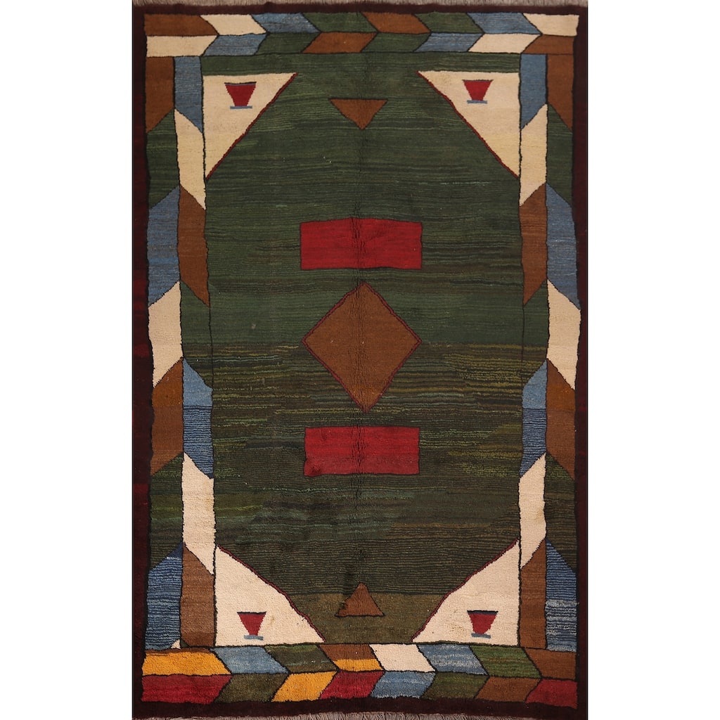 Green Geometric Gabbeh Persian Area Rug Hand-Knotted Wool Carpet - 6'5"x 10'2"