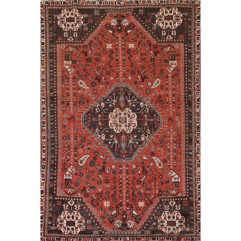 Vegetable Dye Handmade Shiraz Persian Vintage Rug Orange Wool Carpet - 6'2"x 9'4"