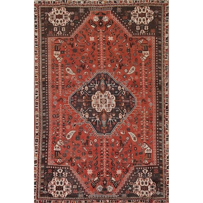 Vegetable Dye Handmade Shiraz Persian Vintage Rug Orange Wool Carpet - 6'2"x 9'4"