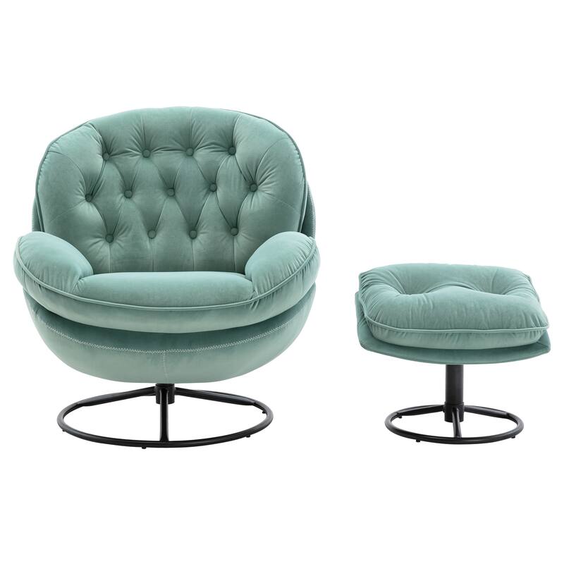 Velvet Swivel Accent Chair with Ottoman & Metal Legs (360° Rotation)