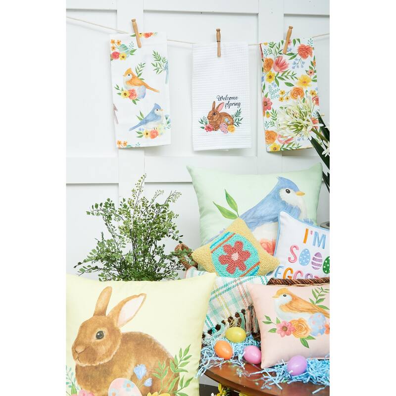 10" x 10" Pink Floral Bird Woven Small/Petite Spring Easter Themed Accent Pillow