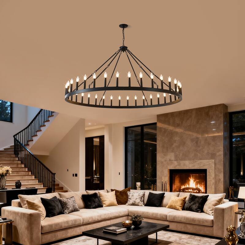 63.8 INCH 36-Light Extra Large Wagon Wheel Chandelier, Black Farmhouse Round Wheel Chandelier Light Fixtures E12