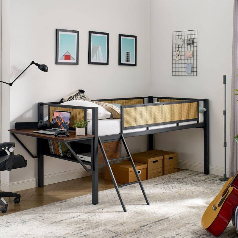 Metal Double Bed Loft Bed with Rectangular Desk, LED Lights