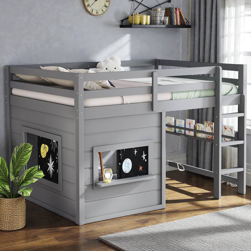 Twin/Full Loft Bed with Sliding Chalkboard, Built-in Bookshelf, Solid Wood Frame & Safety Guardrails, Kids Playhouse Bed