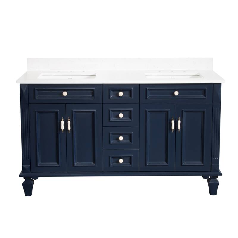 35'' H Solid Wood Bath Vanity with Stain-resistant Carrera White Quartz Top and Double Sink