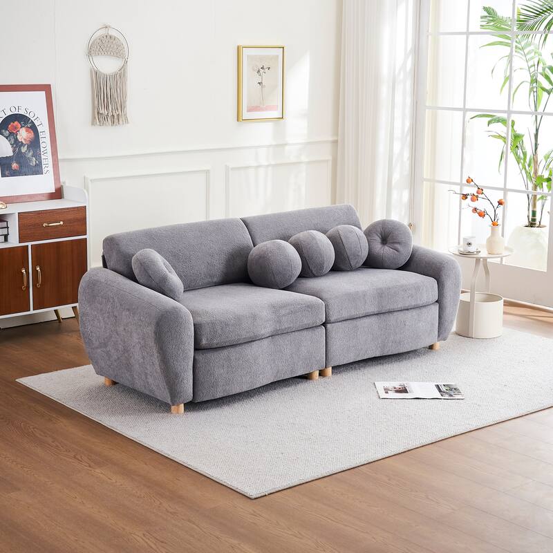 Modern Tufted Chenille Loveseat, Futon Sectional Love Seat Couch, Upholstered Sofa with 2 Pillows & 3 Lumbar Pillows