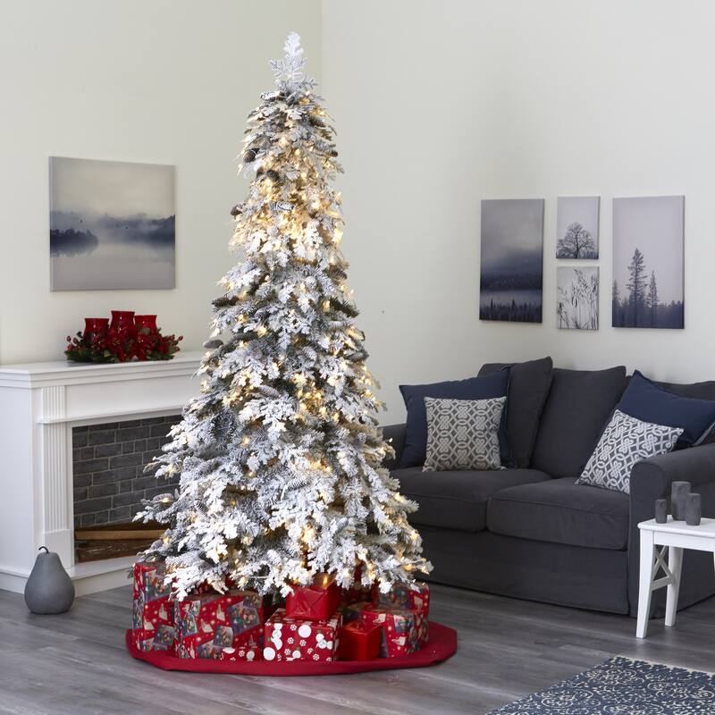 8' Flocked Montana Down Swept Spruce Artificial Christmas Tree with Pinecones and 500 LED Lights