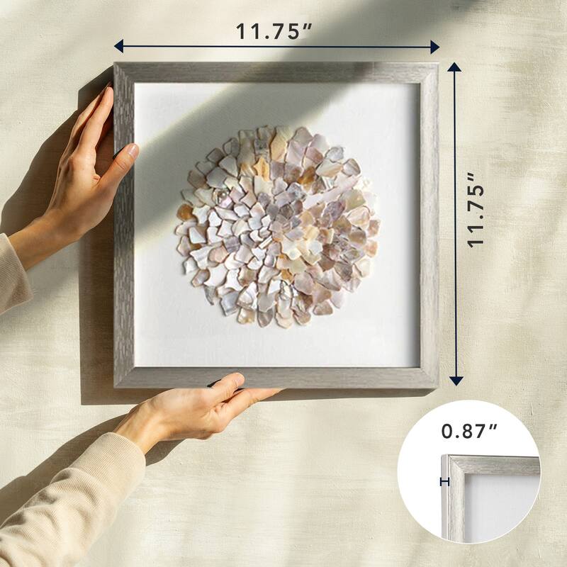 American Art Decor Neutral Seashell Mosaic 3D Textured Wall Art with Champagne Frame, 2 Piece Set for Coastal Beach Theme Decor