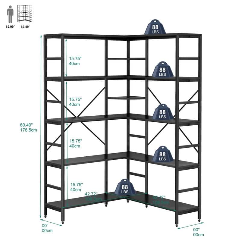4-Tier L Shaped Industrial Bookshelf Corner Bookcase with Open Shelves and Curved Panels - Black