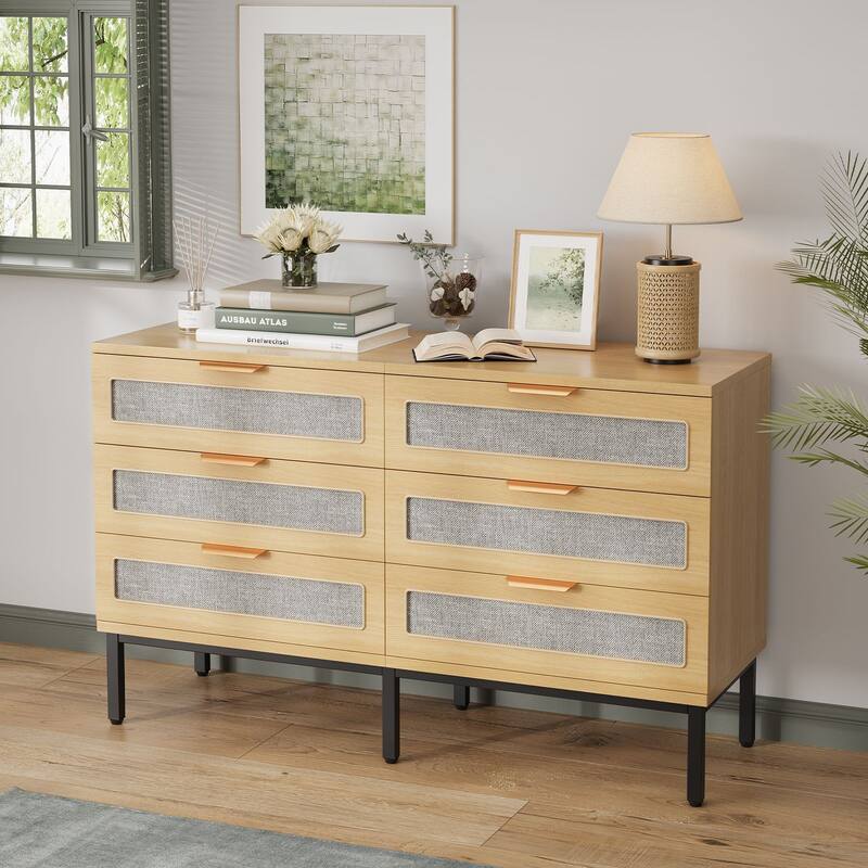Gymojoy 47" 6 Drawer Rattan Dresser for Bedroom, Boho Farmhouse Wood Chest of Drawers with Metal Handles, Closet Organizer