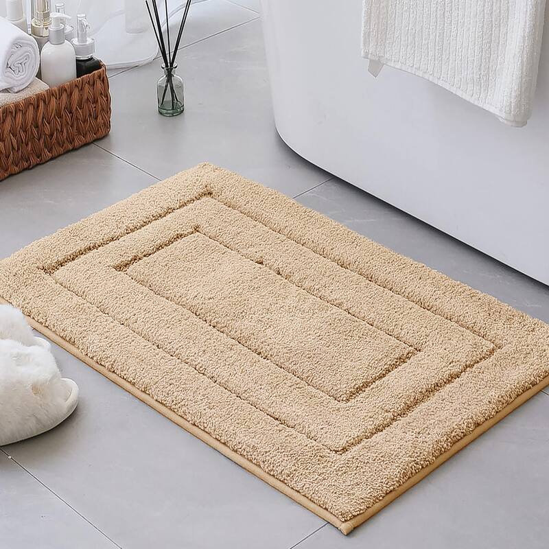 Beige 2 Piece Bordered Box Plush Soft Cozy 100% Polyester Bath Mat Set