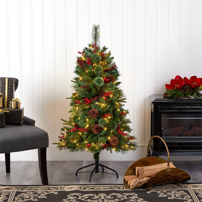 4Ft Artificial Christmas Tree with Lights - Holiday Decor, Pine Cones & Berries, Festive Tree for Home - Green - 48
