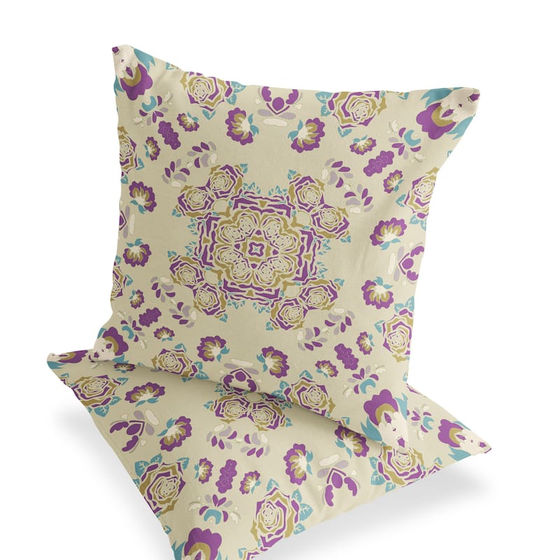 HomeRoots Set of Two 16" X 16" Beige and Purple Blown Seam Floral Indoor Outdoor Throw Pillow - 16.00' X '16.00' X '5.00