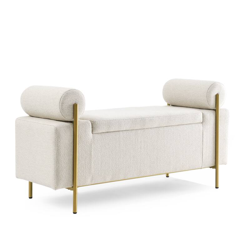 Roomfitters Upholstered Linen Storage Bench with Cylindrical Arms and Gold Metal Legs for Bedroom, Entryway, Living Room