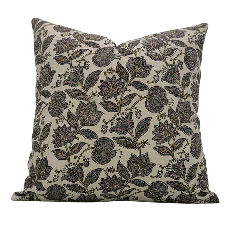 Fabdivine Floral Throw Fall Summer Décor Pink Pillow Cover Handmade Linen, for Farmhouse Guest Room or Couch, Custard Apple - Custard Apple- Grey, Pink - 18" x 18" - Pillow Covers