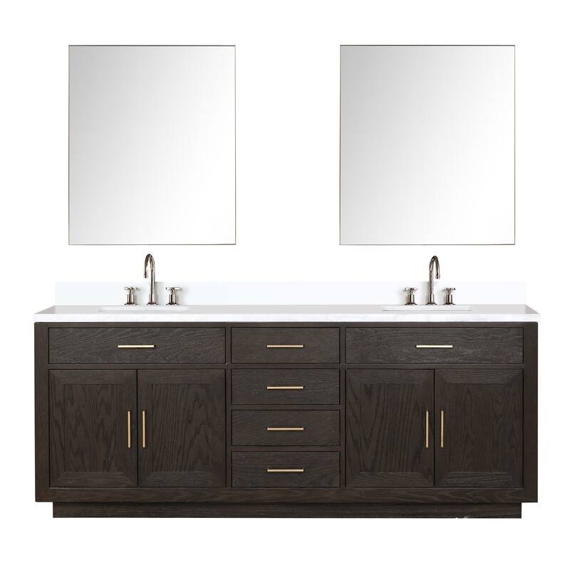 Abbey 60 in W x 22 in D Black Oak Double Bath Vanity, White Quartz Top, Faucet Set, and 28 in Mirrors - 84 - Brown Oak