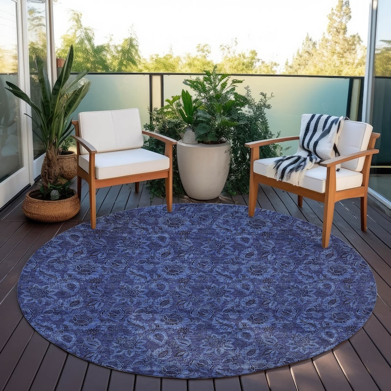 Machine Washable Indoor/ Outdoor Chantille Floral Rug - Navy - 8' x 8'