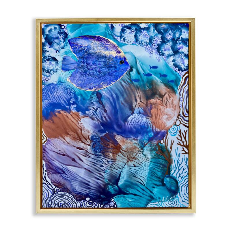 Stupell Underwater Fish Sea Life Framed Floater Canvas Wall Art Design By Amy Tieman - 17 x 21 - Gold