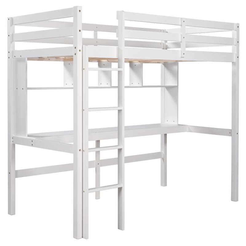 Sturdy Twin Size Loft Bed with Desk, Shelves, and Ladder for Kids