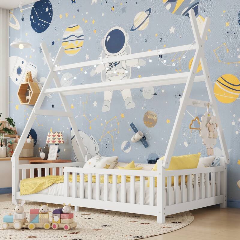 Twin/Full Size House Bed with LED Light and Fence, Wooden Low Floor Kids Bed Frame with Roof for Boys and Girls