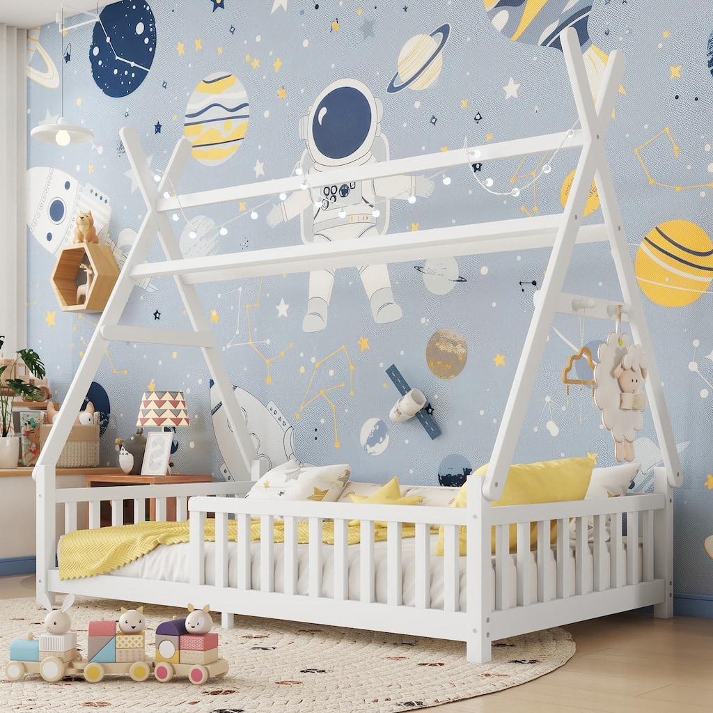 Twin House Bed with Light, Low Floor House Bed with Fence & Roof for Kids Boys Girls - White