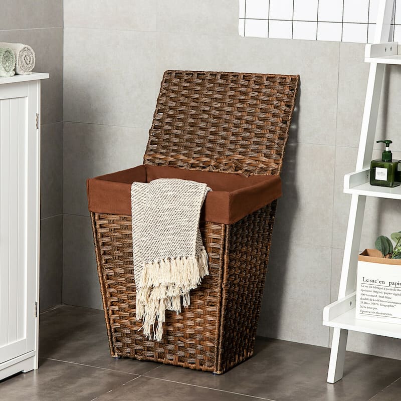 Gymax Handwoven Laundry Hamper Foldable w/Removable Liner, Lid & - 17.5'' X 12'' X 21''