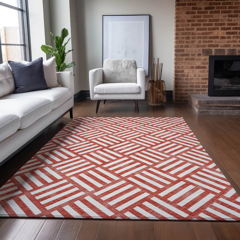 Machine Washable Indoor/ Outdoor Chantille Geo Modern Rug - Red - 5' x 7'6"
