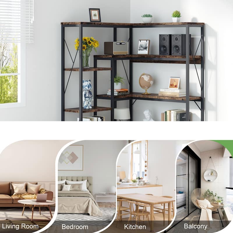 5-Tier L-Shaped Corner Bookshelf, Industrial Style Storage Shelf