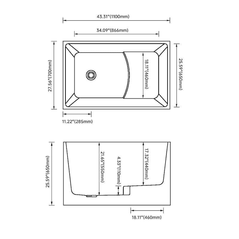 43 in. Freestanding Acrylic Japanese Soaking Bathtub, Compact Space-Saving Design with Included Drainer
