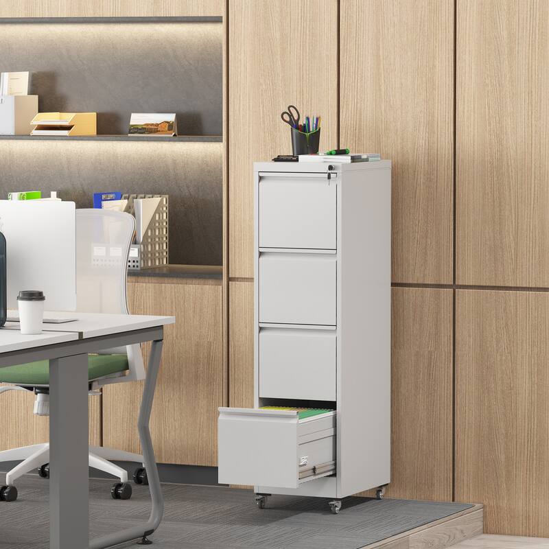 4 Drawer Metal Locking Vertical File Cabinet on Wheels - Heavy-Duty Lockable Cabinet for Home & Office, 17.71"D*15.16"W*52.28"H