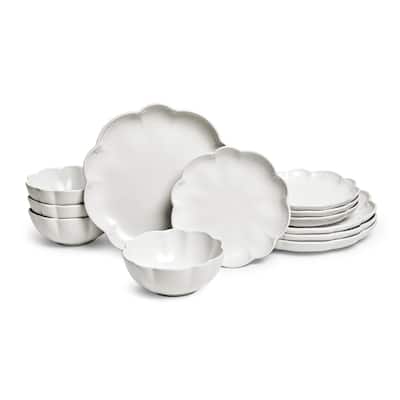 Sango Bethany 12-Piece White Stoneware Dinnerware Set - Service for 4, Scalloped Plate & Bowl Set