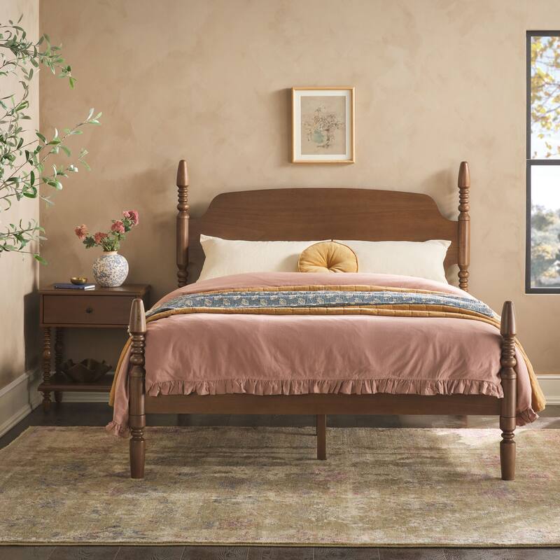 Walker Edison Spindle Queen Bed with 1-Drawer Nightstand Bedroom Set - Dark Brown
