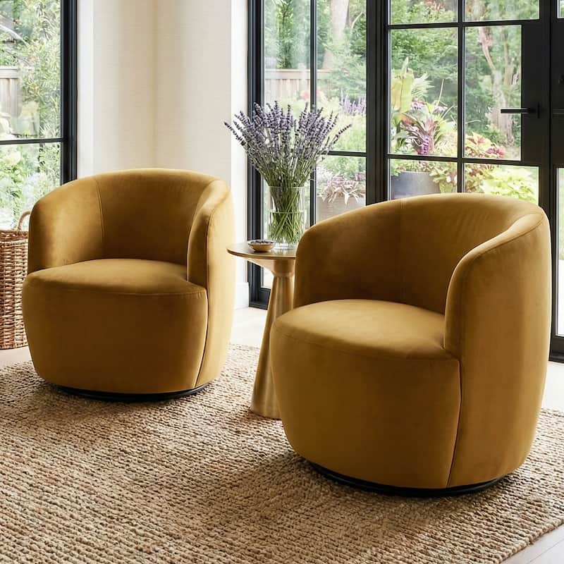 26.5" Wide Velvet Small Swivel Barrel Accent Chair - Set of 2 - Yellow-2-piece