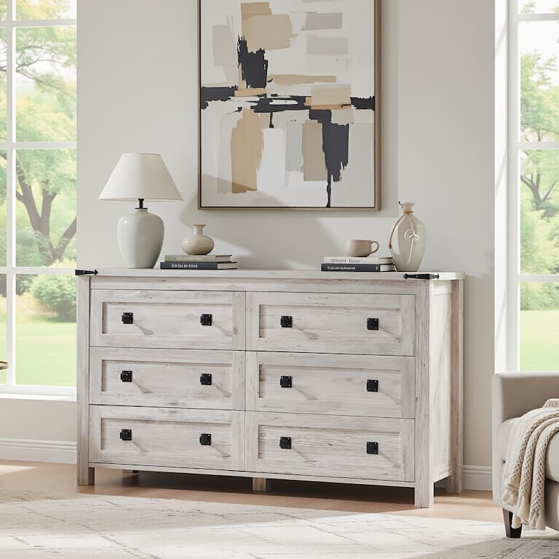 Wood 6 Drawers Dresser, Rustic Chest of Drawers for Bedroom - Washed white